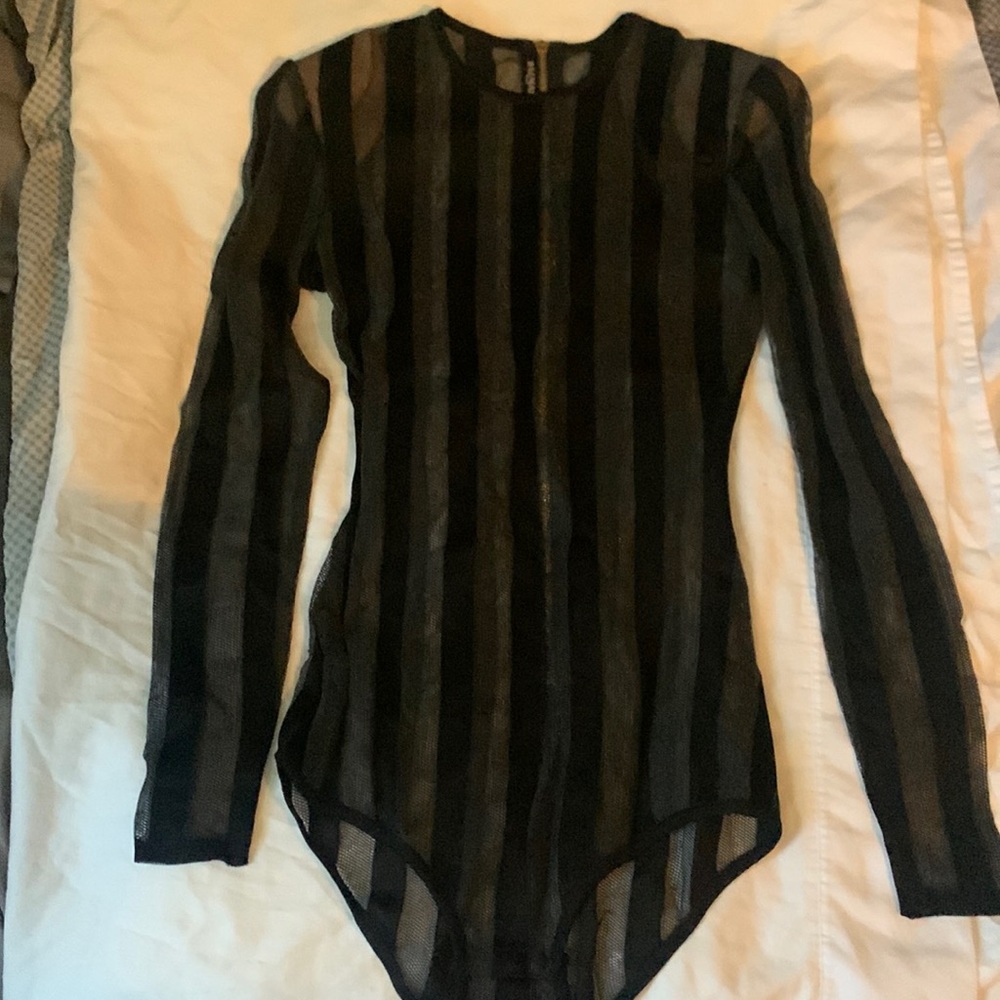 BALMAIN Black Sheer Striped Bodysuit Size SMALL